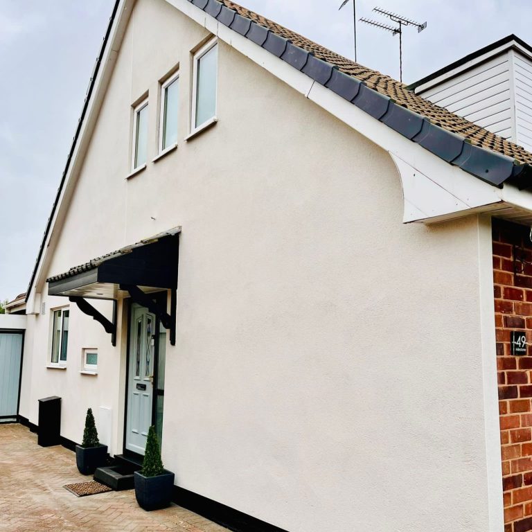 A modern rendered house with a silver pearl monocouche exterior and a dark roof, featuring a front door and plants